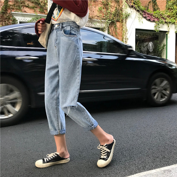 Spring and Autumn 2019 New Loose Daddy Pants Female Korean High-waist Student Net Red Smoke Gray Hole-breaking Radish Jeans