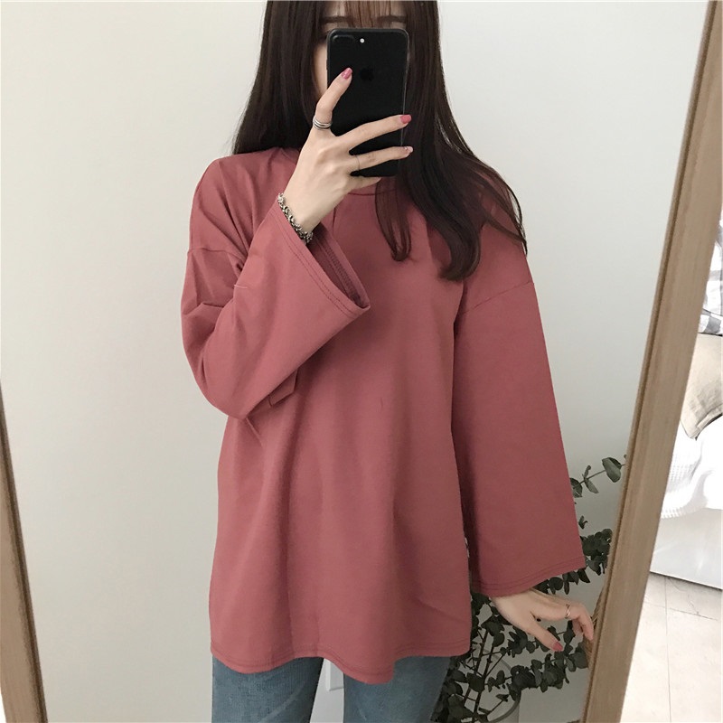 Versatile simple solid color top round neck Pullover loose BF style Multi Color Long Sleeve T-Shirt women's autumn 11 colors