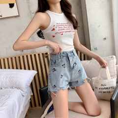 2020 new summer new Korean women's chic loose show thin Mickey embroidery hole denim shorts women's hot pants