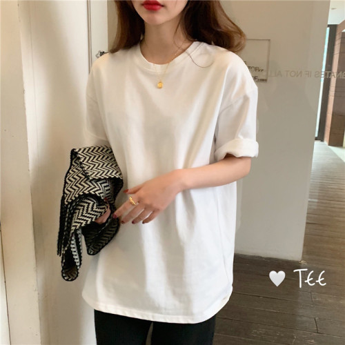 New style real shot real price Korean loose set round neck white cotton short sleeve T-shirt for women