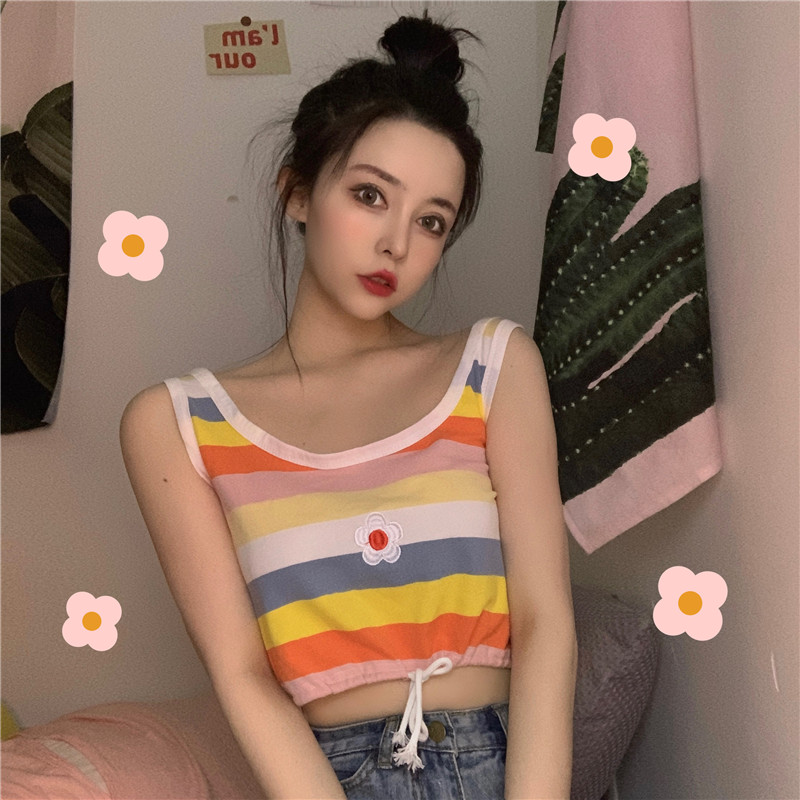 723 real picture pull frame cotton pop up picture Rainbow Stripe waist top open navel loose short sleeve T-shirt for women