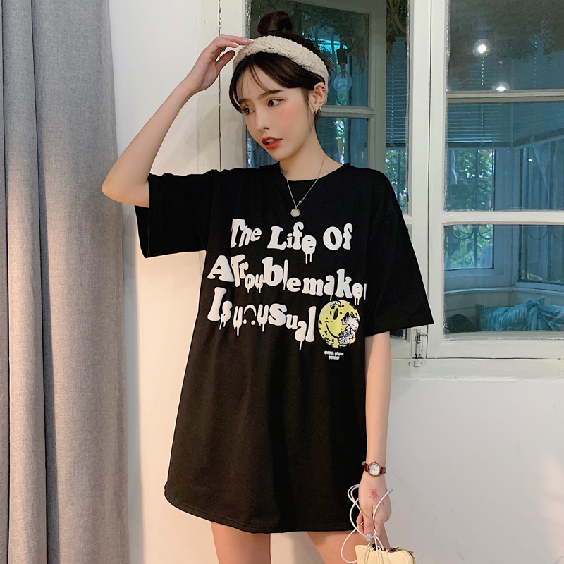 Actual photo 6535 pull frame cotton short sleeve T-shirt women's medium long letter printing half sleeve top