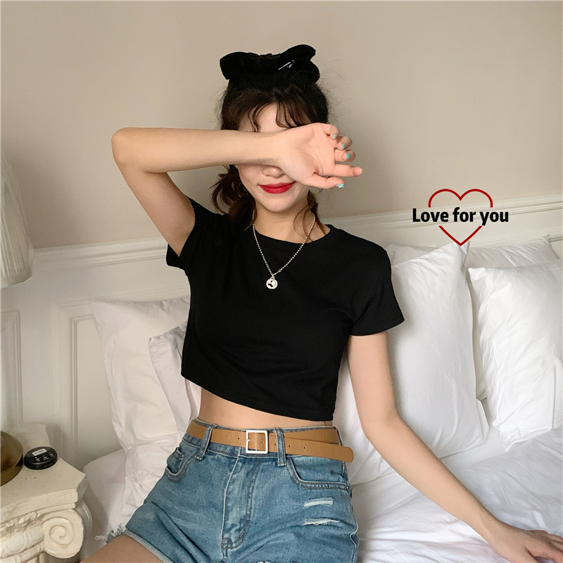 Real photo / 26 pieces of 100% cotton solid short sleeve T-shirt for women's short, tight, exposed navel, high waist and missing navel