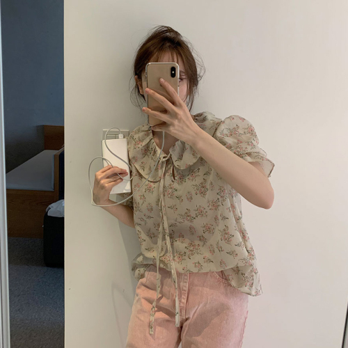 Korean Girls Doll Collar Sweet Broken Flower Short Sleeve Lace Shirt