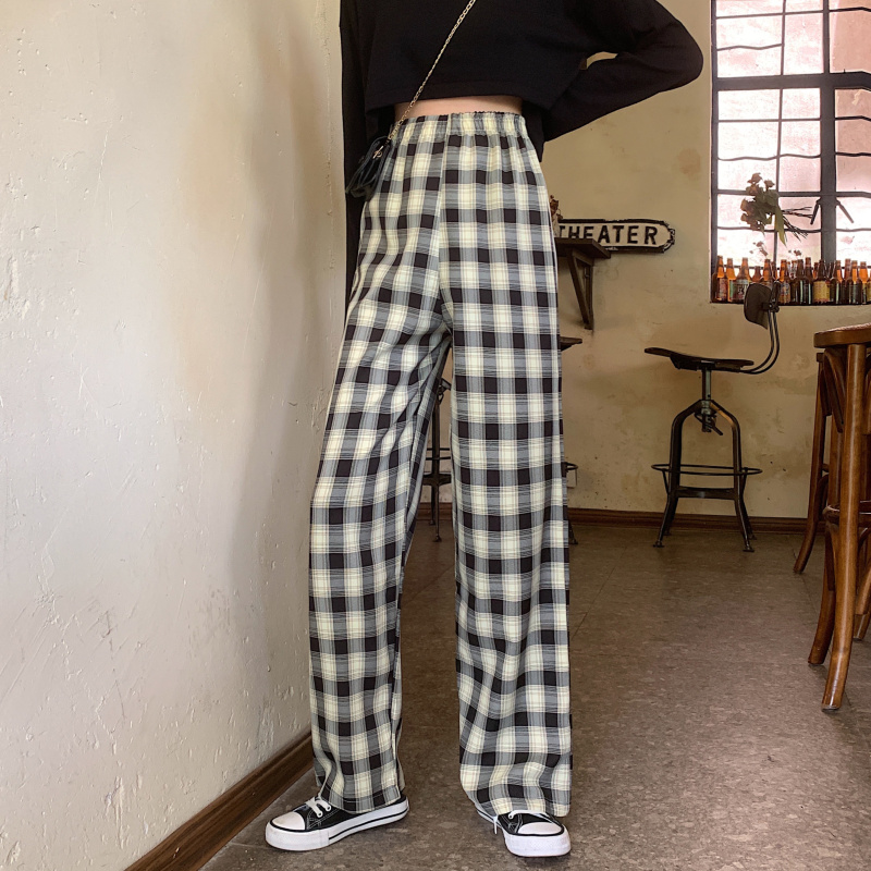 Women's autumn trousers 2020 straight tube loose casual Plaid trousers floor sweeping High Waist Wide Leg Pants