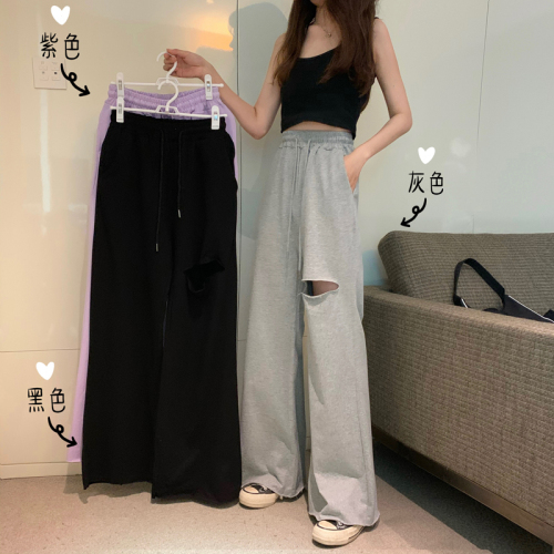 Non real photo summer ripped floor Pants Black drape casual wide leg pants for female students