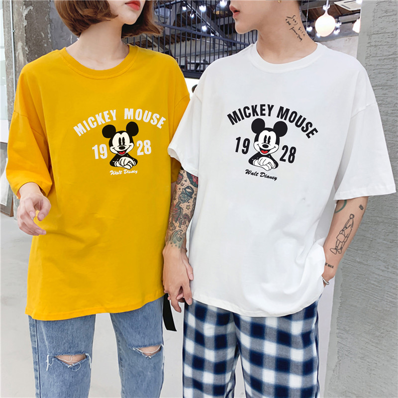 067 real photo pure cotton summer new couple short sleeve T-shirt women Mickey print loose Korean half sleeve versatile