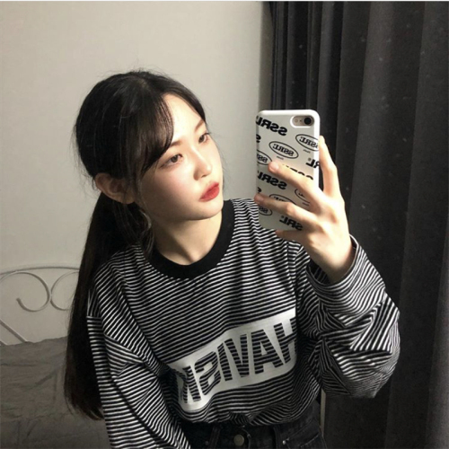 Early Autumn ~Retro College Girl Stripe Letter Haism Long Sleeve T-shirt Bottom Shirt Korea