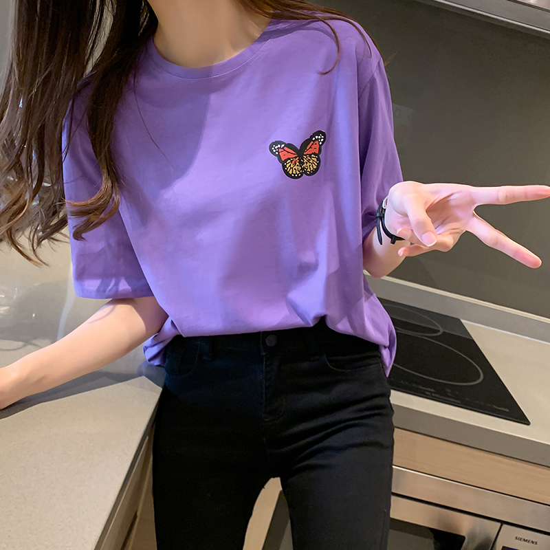 Real photo purple cotton butterfly printing short sleeve top loose summer new half sleeve original night style T-shirt for women 3263