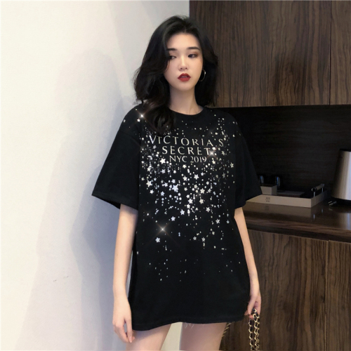 95 Cotton 5 Spandex 2019 Loose T-shirt Short Sleeve Woman Summer New Korean Printed Shining Blouse