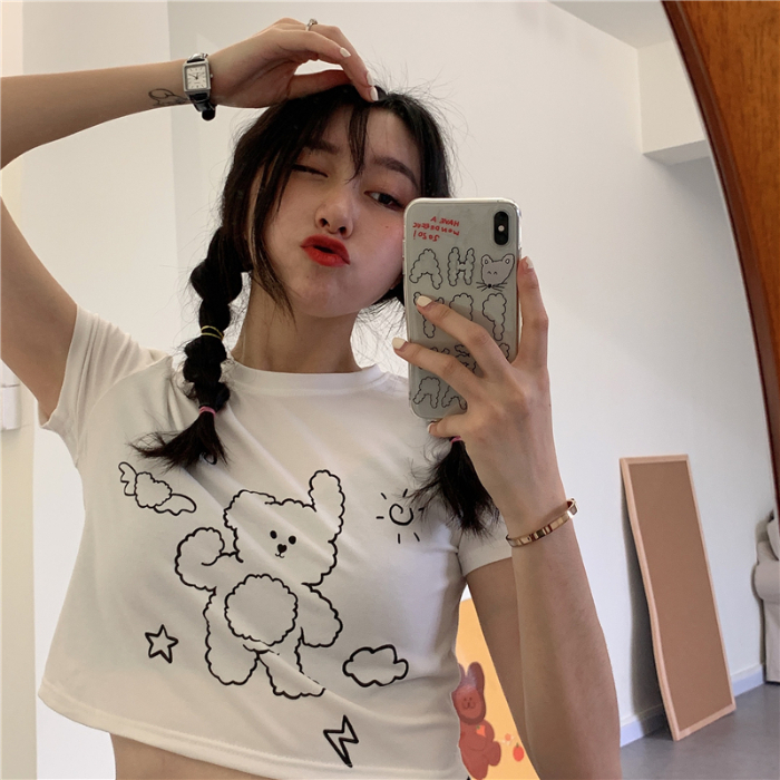 Self made ins bear print short round neck T-shirt for women's summer and South Korea versatile thin super a belly button top for women