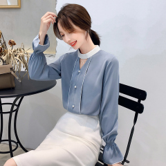 Photo shoot early autumn new super fairy trumpet Sleeve Chiffon shirt feminine nail bead hollowed out long sleeve bottom coat