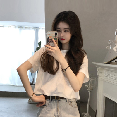 Summer Korean 2020 new white thin short open navel small bottomed Short Sleeve T-Shirt Top Female Student