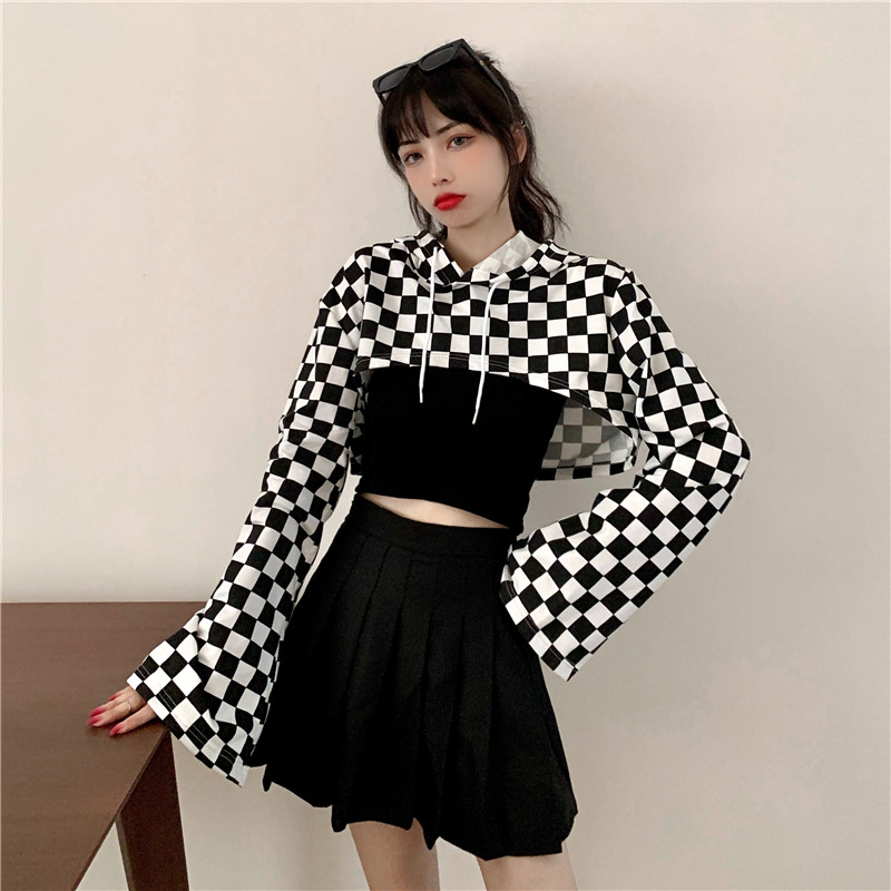 Real shot 65 fish scale super short blouse 2020 new summer autumn women's Plaid long sleeve Hoodie