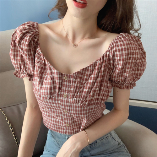 Real-price summer new product small crowd design style square collar foam Sleeve Plaid short shirt