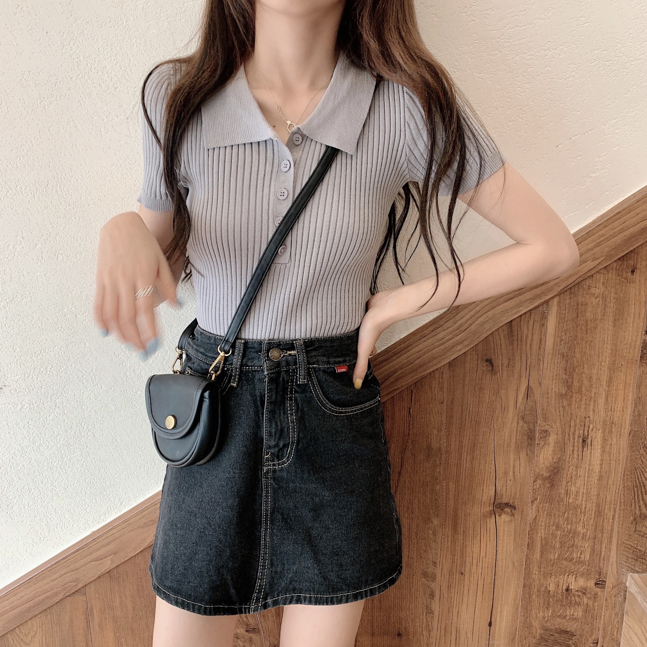 Gathered fiber real-time photo solid color Lapel button T-shirt summer new slim short sleeve top