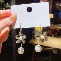 Real shot S925 silver needle Metal Flower Pearl Earrings