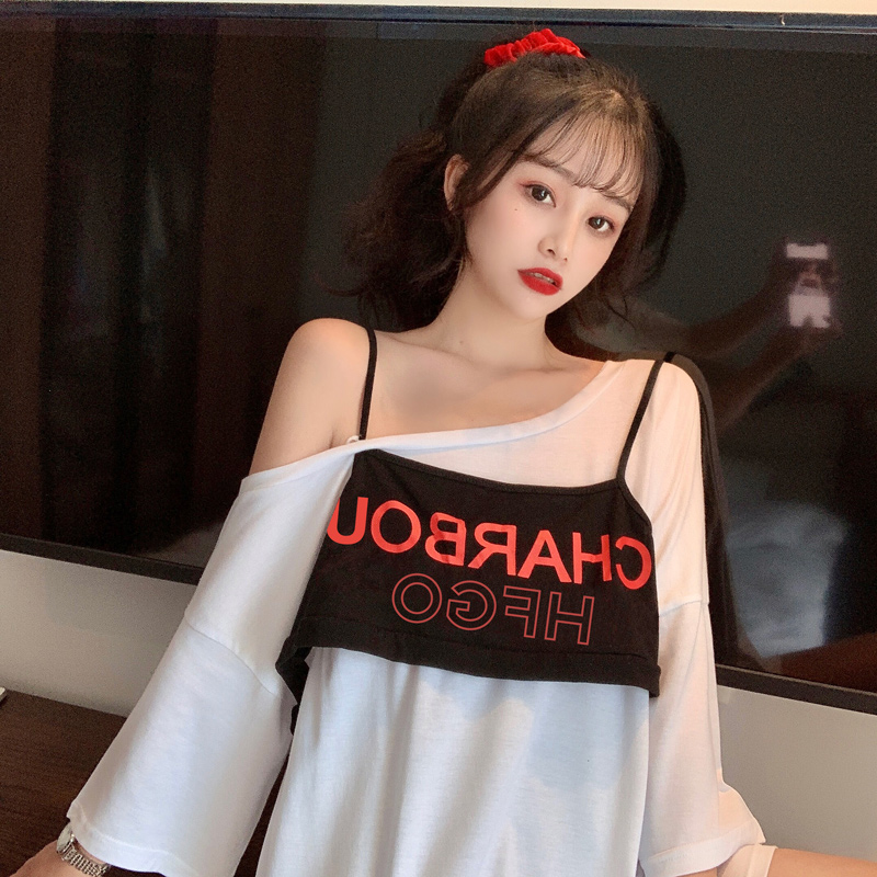 Real shot 6535 fake two off the shoulder short sleeve T-shirt for women's fashion