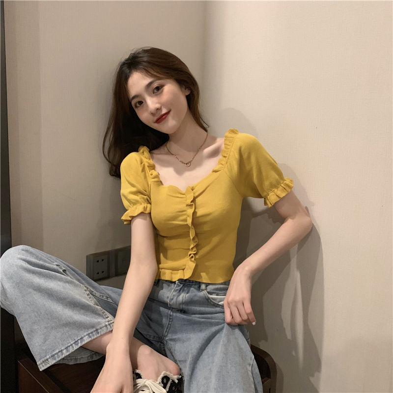 Real photo real price Korean French V-neck open collarbone foreign air wood ear edge Short Sleeve T-Shirt Top