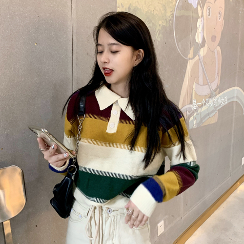 Real shot quality inspection autumn Korean color matching stripe short drawstring polo collar sweater for women