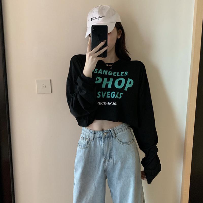 Autumn new loose navel exposed long sleeve T-shirt women round neck temperament versatile short style casual top fashion
