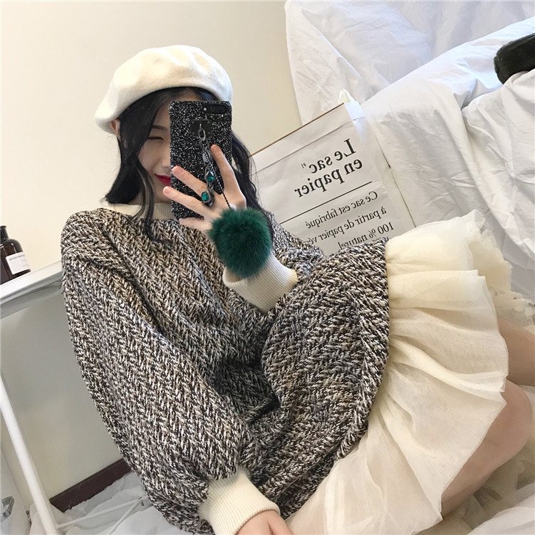 Real shot real price autumn and winter color contrast long sleeve loose round neck medium long splicing mesh tweed dress