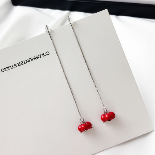 Versatile Red Pearl Pendant Korean style long cherry earline female earrings and Earrings trend