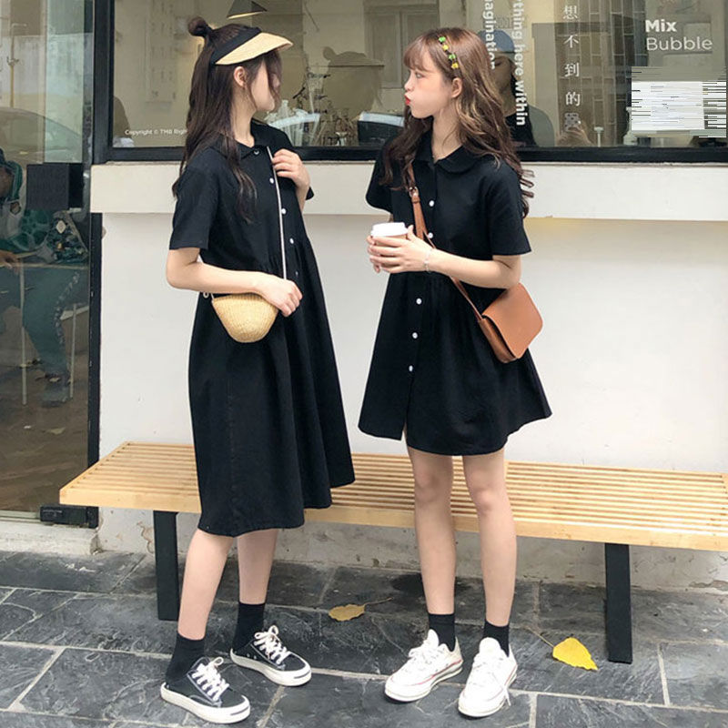 Summer Korean retro loose short sleeve dress knee length dress French doll neck mid long skirt A-line skirt fashion