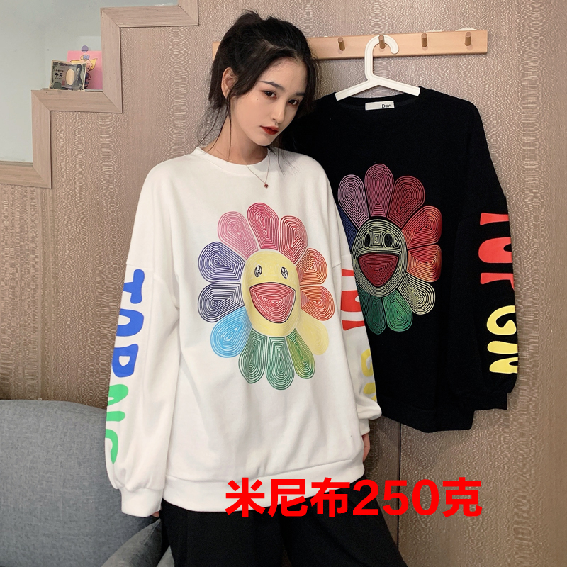 Real shot Minnie cloth 7525 cotton new cartoon letter print top loose sweater female round neck