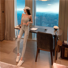 Real photo, real price, 2020 summer new Korean version, high elasticity, broken hole, tight body, thin personality, pencil, 9-point jeans, female