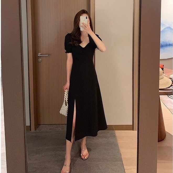 Roman holiday ins style tea break dress long skirt women Jin Zhixiu the same style retro square collar bubble sleeve Floral Dress