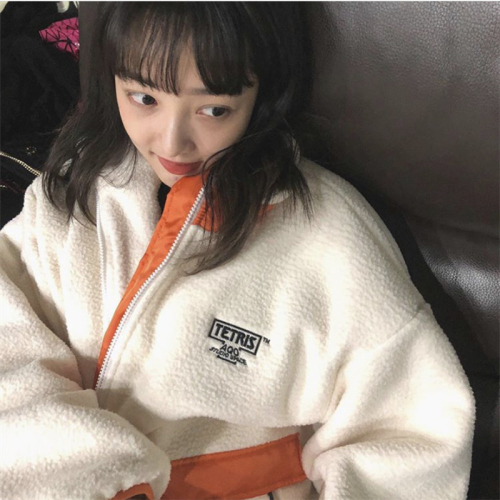 Paula same style college Vintage lambswood embroidery letter color matching cotton jacket warm South Korea