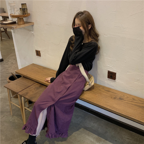 Real photo, real price, Korean retro, all-around high waist, thin flower bud edge, design sense, purple skirt, female
