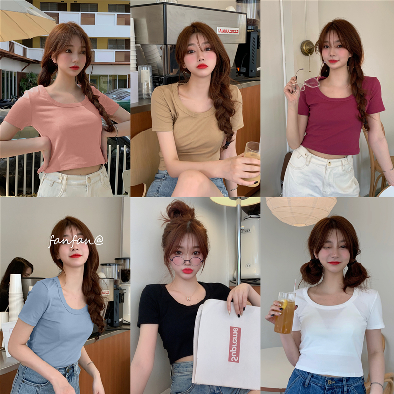 Real photo real price summer Korean short high waist thin collar watch out machine short sleeve T-shirt