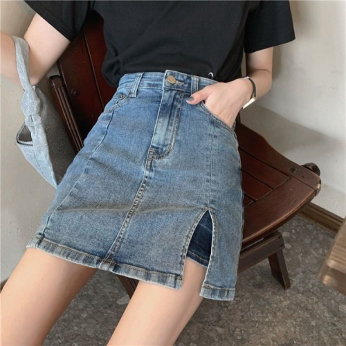 Real price! Side slit old wash denim skirt high waist thin A-line denim skirt pants