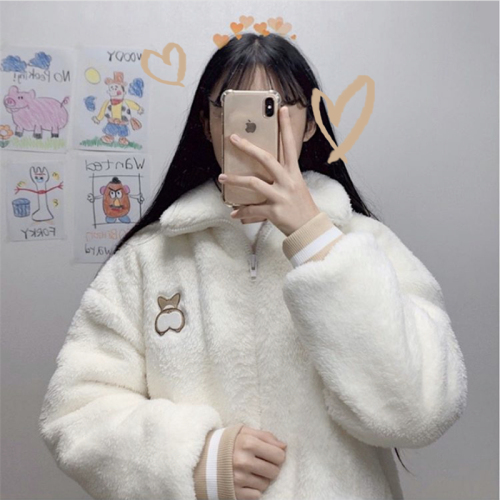 Protected cotton clip thickened girl embroidered dog cute cartoon Lapel wool coat cotton jacket South Korea