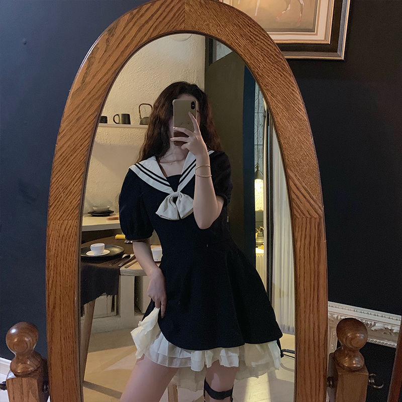 [net red] Lolita Navy waist slim dress short little sailor JK dress retro Fairy Dress