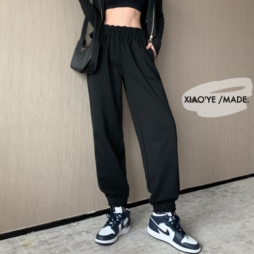 Real photo of new Hong Kong style leisure sports style closing pant women's loose binding feet and waist show thin pants trend