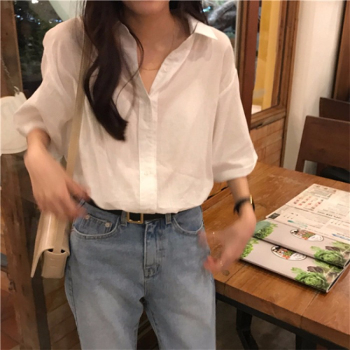 Summer Korean loose short sleeve shirt women's all-around solid color design sense small foreign style Hong Kong style top