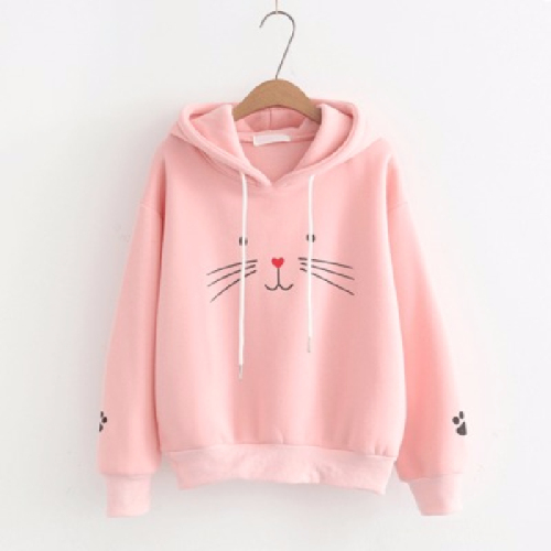 Cat Face Korean Bf Wind Harajuku Cat Printed Long Sleeve Hat Guard Girl Student Thicker and Thicker Coat