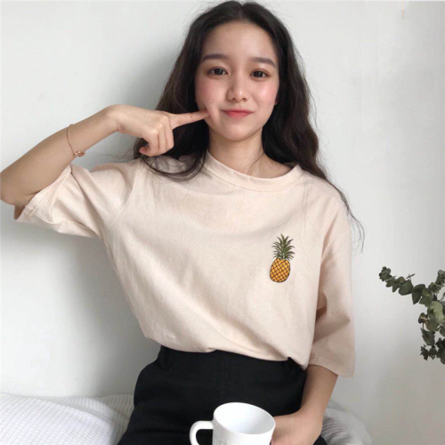 College style simple and versatile round neck pineapple shirt loose and thin short sleeve top women's fashion