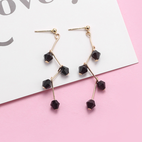 Japan and South Korea creative fold line Black Crystal Long Tassel Earrings creative temperament versatile show thin twisted Earrings