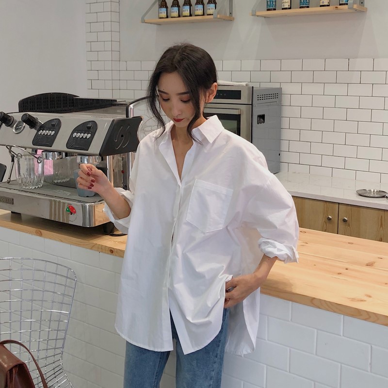 New Korean loose long sleeve white shirt for women