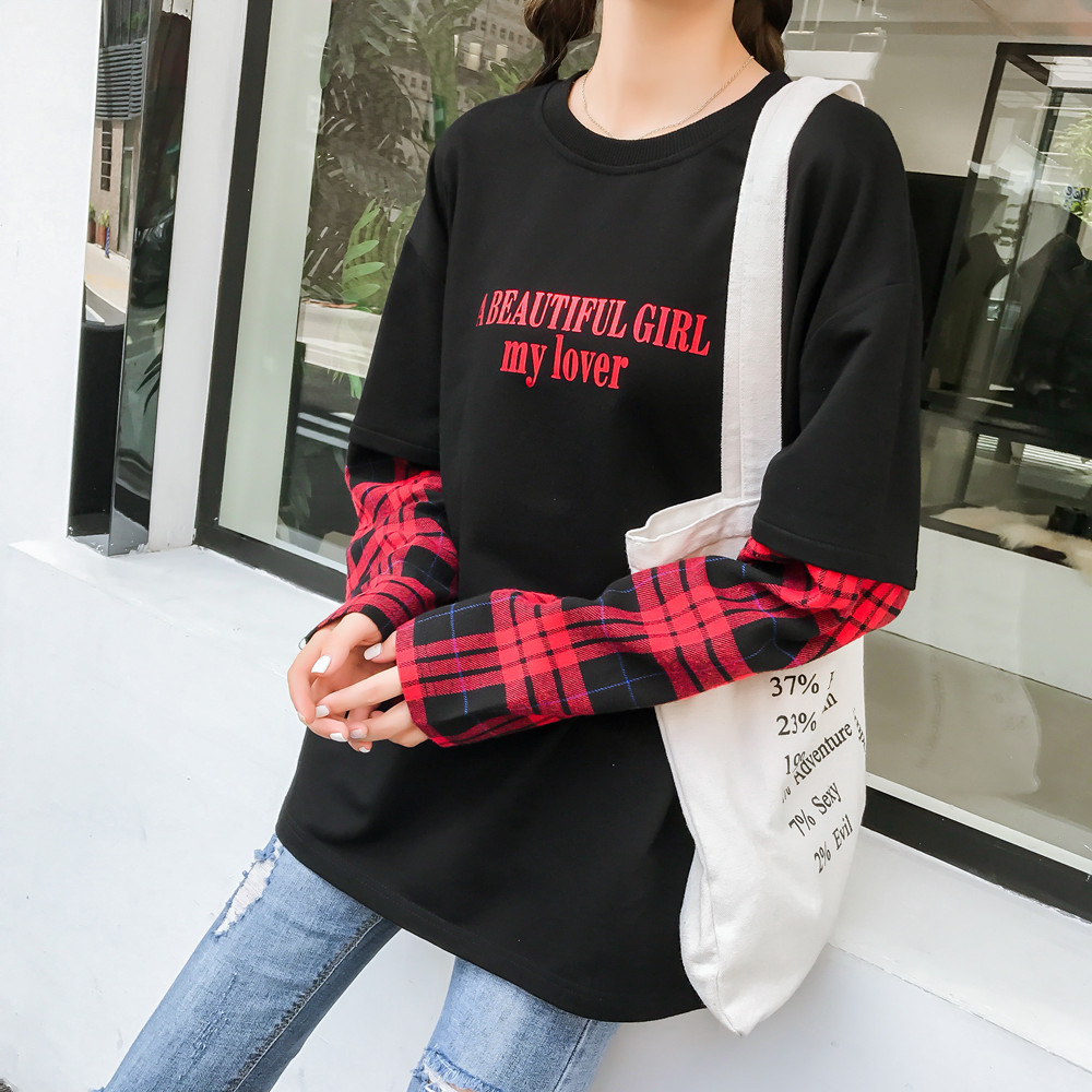 Real shot Plaid stitching fake two piece hip hop BF loose Korean ulzzang long sleeve T-shirt for women