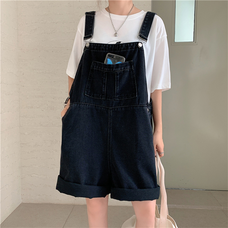 Real photo real price with straps Korean version loose straight leg Wide Leg Jeans retro Hong Kong style summer blue strap shorts