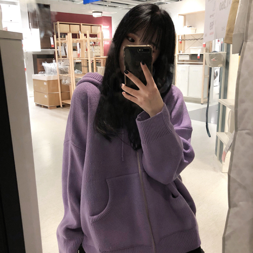 South Korean thick solid color lazy bat sleeve cap big pocket long sleeve knitted sweater jacket has been inspected