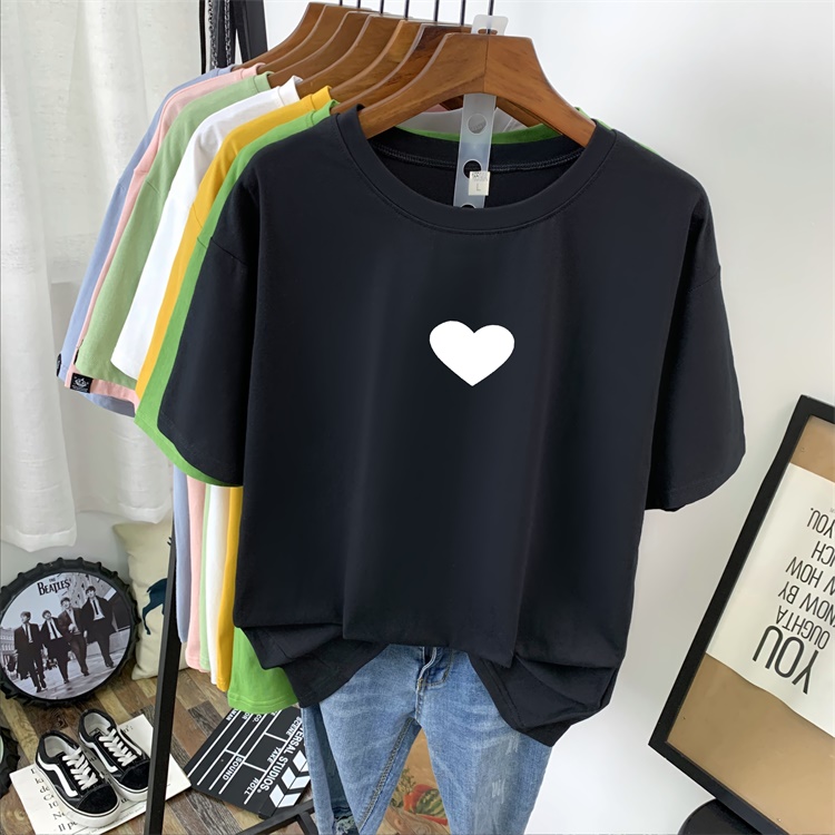 Real photo cotton love t-shirt female loose student printed letter short sleeve westernized heart top female