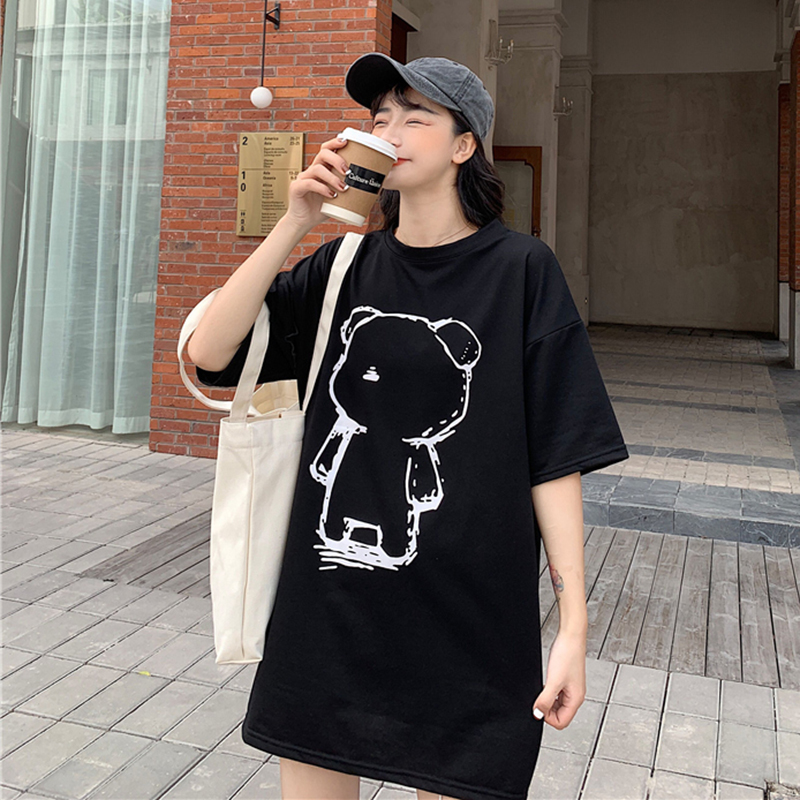 2020 summer new cartoon bear short sleeve T-shirt women's long loose round neck top