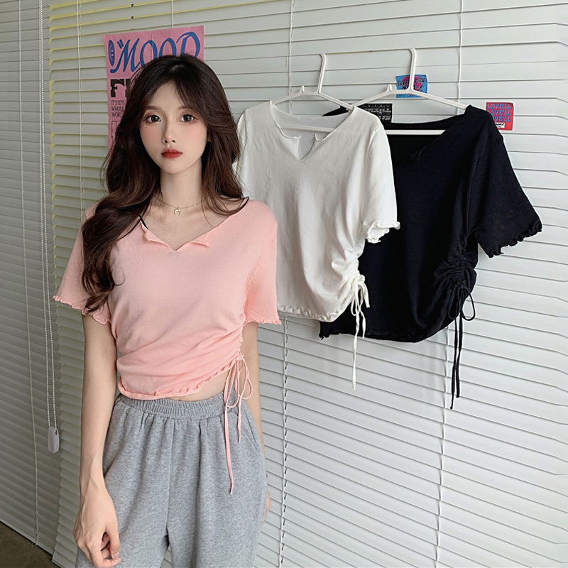 Summer Korean version net red waistband drawstring design sense knitwear short sleeve versatile temperament top t-shirt female trend