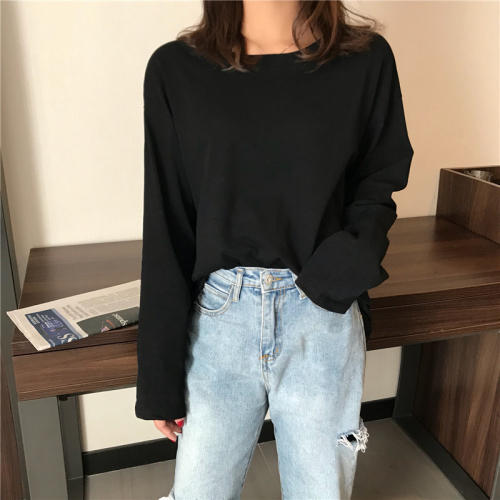 Real price pure color loose-fitting T-shirt with round collar and long sleeve
